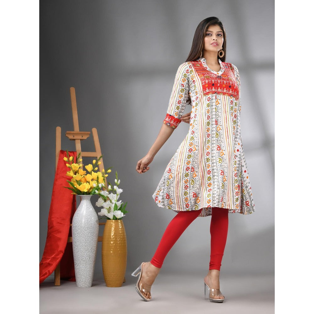 CHARUKRITI White Cotton Printed A-Line Kurta with Sequence Work