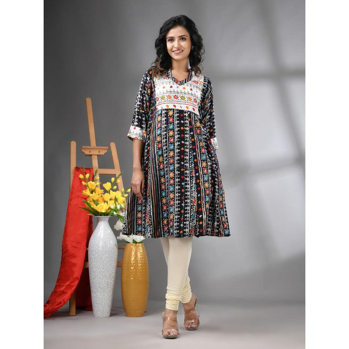 CHARUKRITI Black Cotton Printed A-Line Kurta with Sequence Work