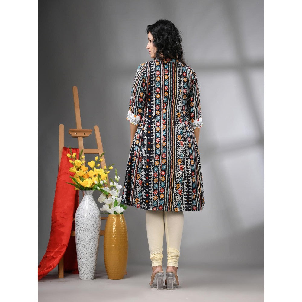 CHARUKRITI Black Cotton Printed A-Line Kurta with Sequence Work