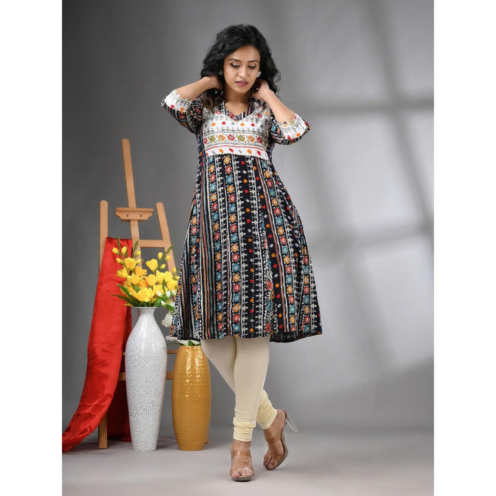 CHARUKRITI Black Cotton Printed A-Line Kurta with Sequence Work