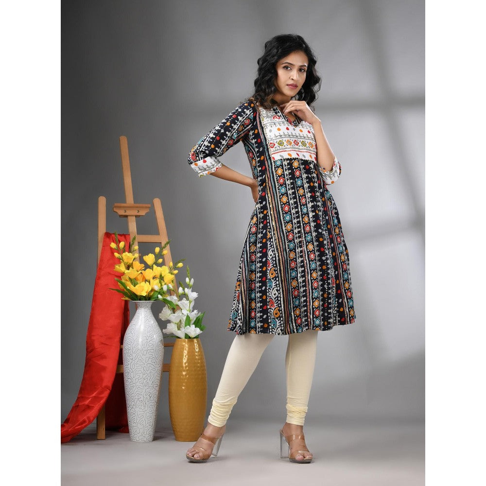 CHARUKRITI Black Cotton Printed A-Line Kurta with Sequence Work