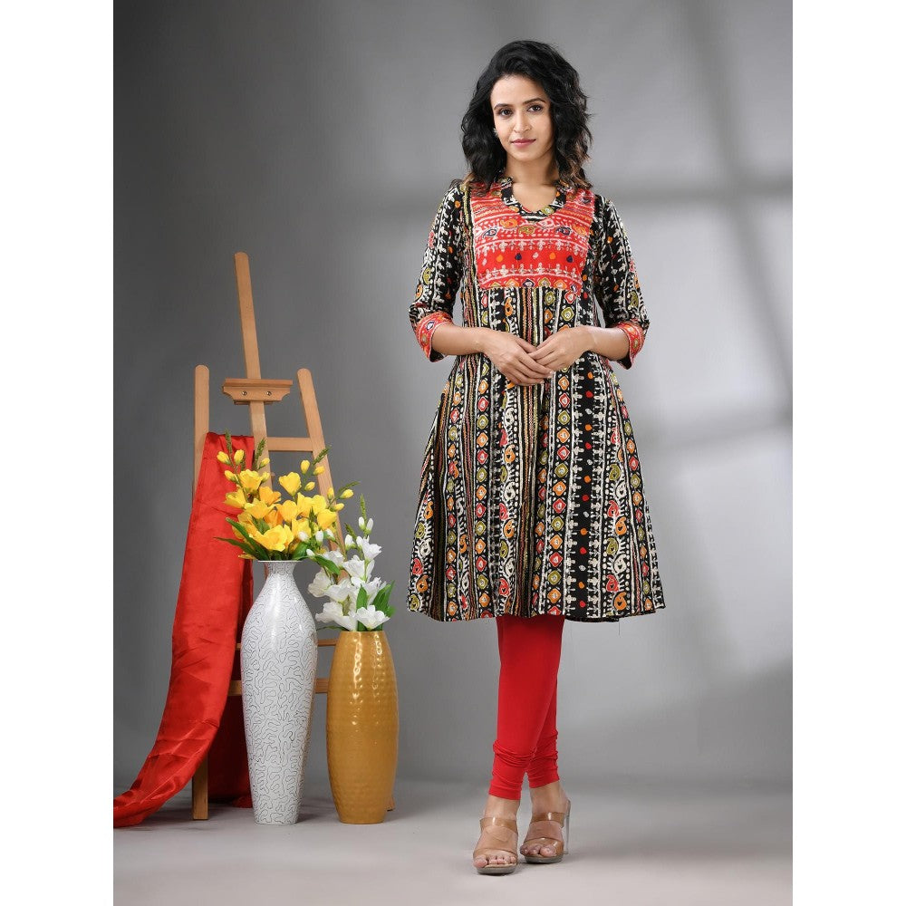 CHARUKRITI Black Cotton Printed A-Line Kurta with Sequence Work