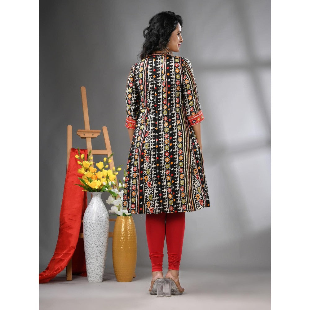 CHARUKRITI Black Cotton Printed A-Line Kurta with Sequence Work