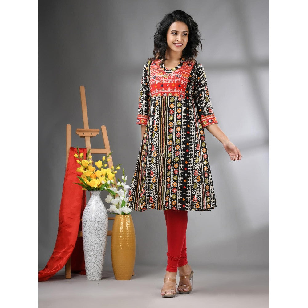 CHARUKRITI Black Cotton Printed A-Line Kurta with Sequence Work