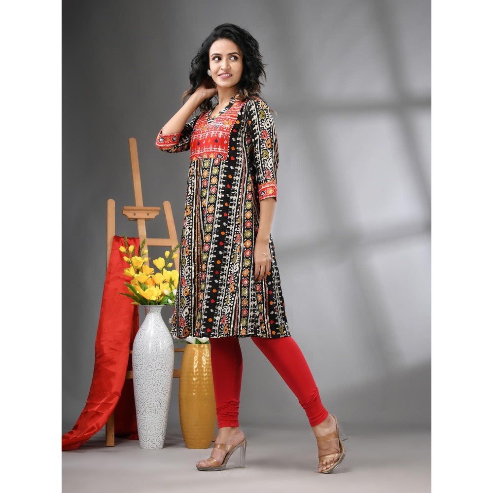 CHARUKRITI Black Cotton Printed A-Line Kurta with Sequence Work