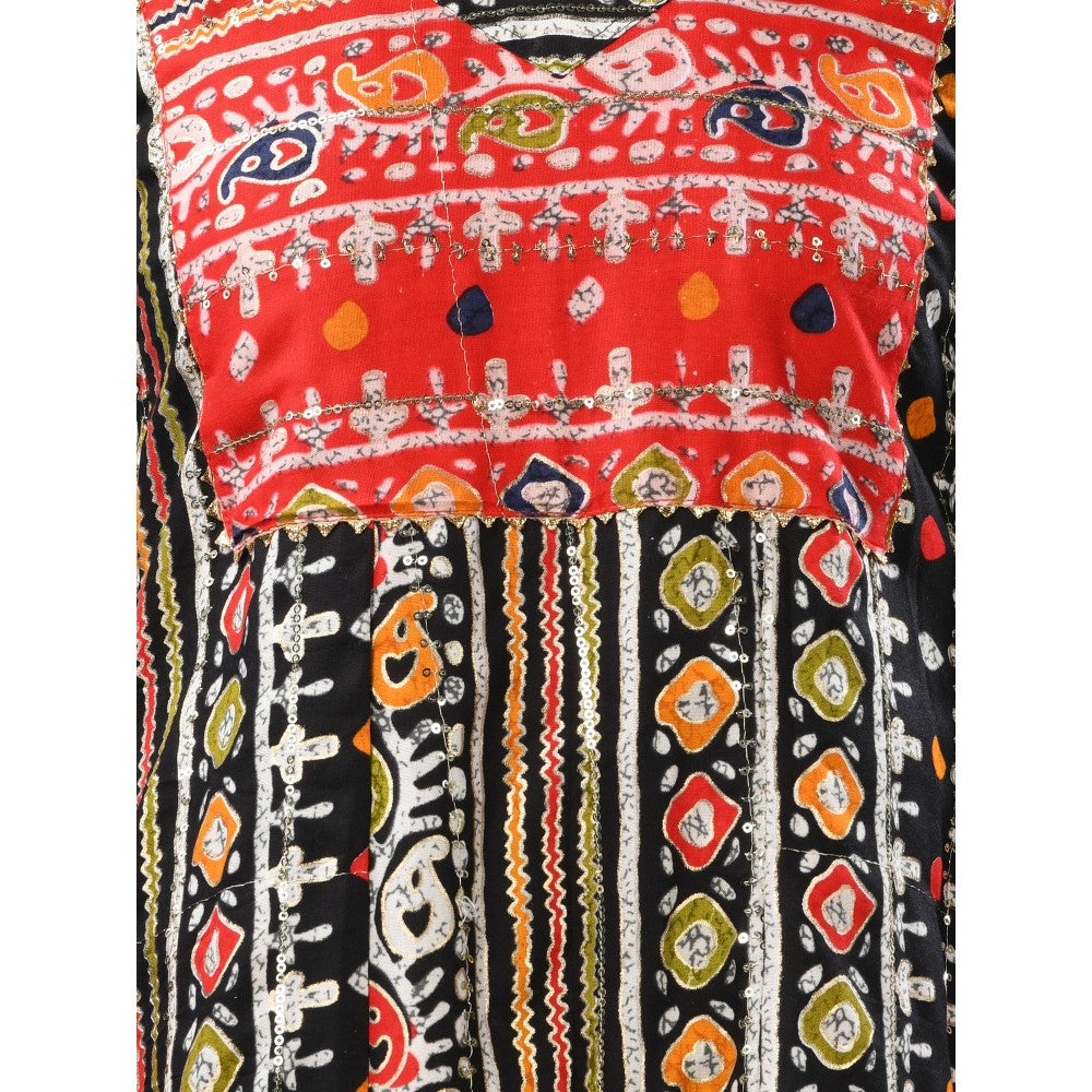 CHARUKRITI Black Cotton Printed A-Line Kurta with Sequence Work