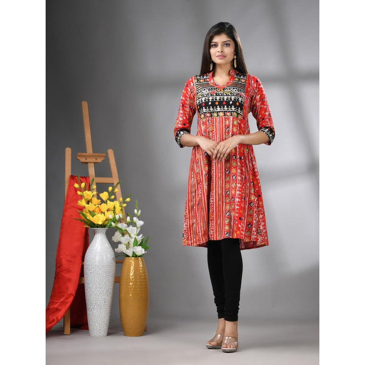 CHARUKRITI Red Cotton Printed A-Line Kurta with Sequence Work