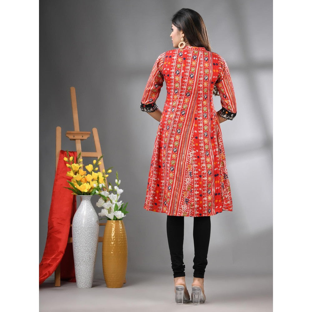 CHARUKRITI Red Cotton Printed A-Line Kurta with Sequence Work