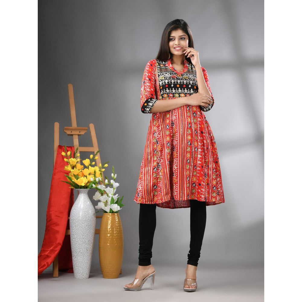 CHARUKRITI Red Cotton Printed A-Line Kurta with Sequence Work