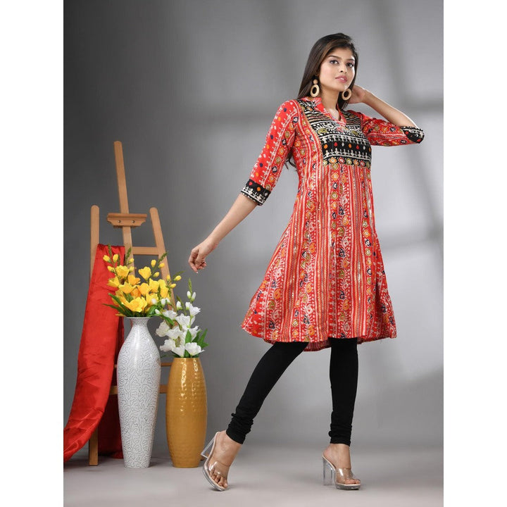 CHARUKRITI Red Cotton Printed A-Line Kurta with Sequence Work