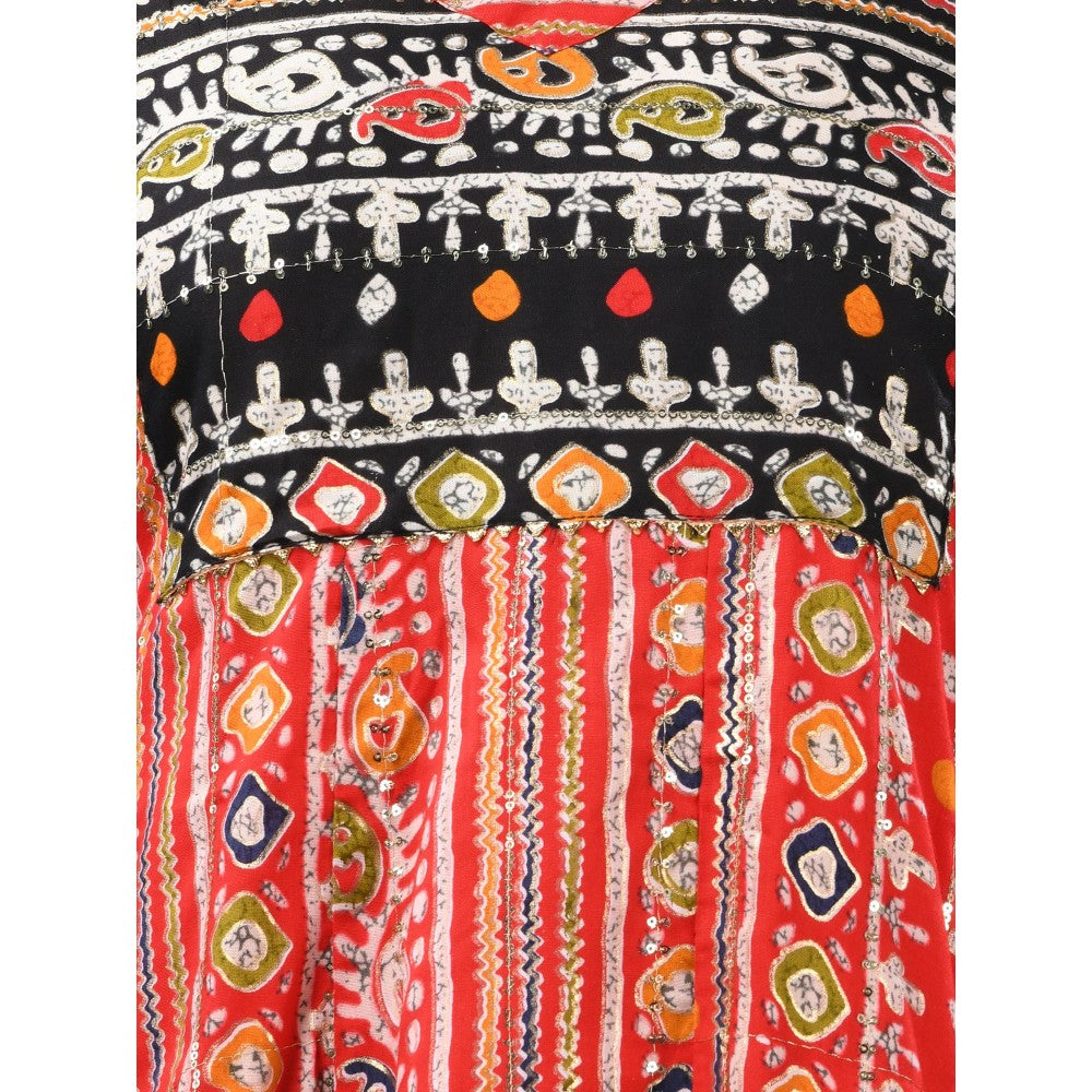 CHARUKRITI Red Cotton Printed A-Line Kurta with Sequence Work