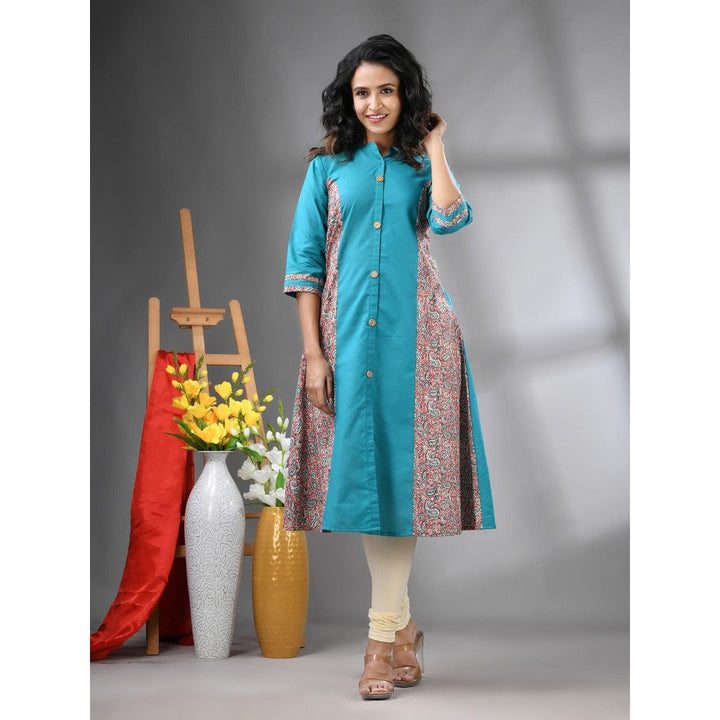 CHARUKRITI Sea Blue Cotton Paisley Printed A-Line Kurta