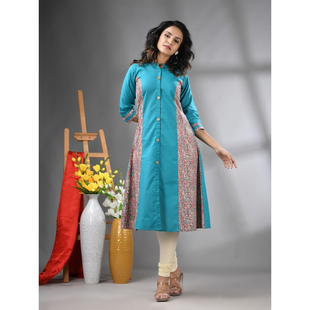 CHARUKRITI Sea Blue Cotton Paisley Printed A-Line Kurta