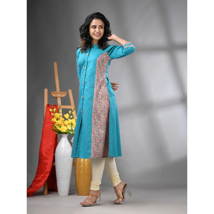 CHARUKRITI Sea Blue Cotton Paisley Printed A-Line Kurta