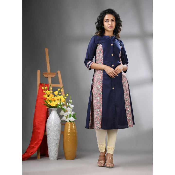 CHARUKRITI Navy Blue Cotton Paisley Printed A-Line Kurta