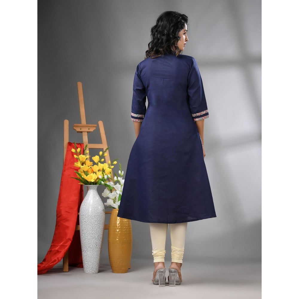 CHARUKRITI Navy Blue Cotton Paisley Printed A-Line Kurta