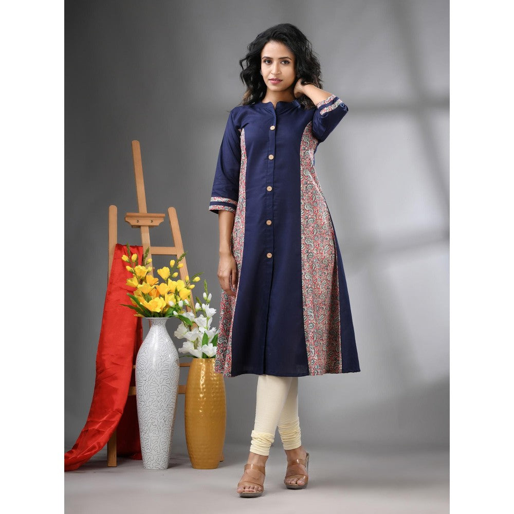 CHARUKRITI Navy Blue Cotton Paisley Printed A-Line Kurta