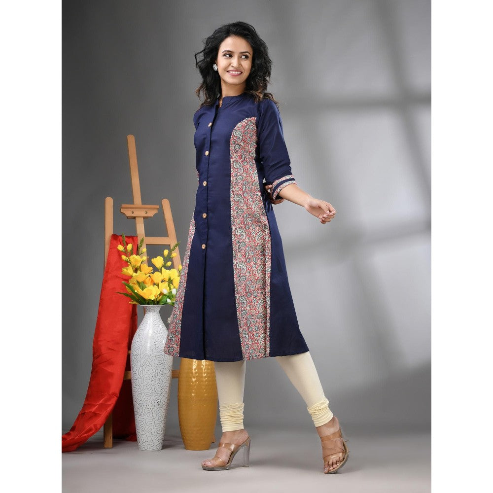 CHARUKRITI Navy Blue Cotton Paisley Printed A-Line Kurta