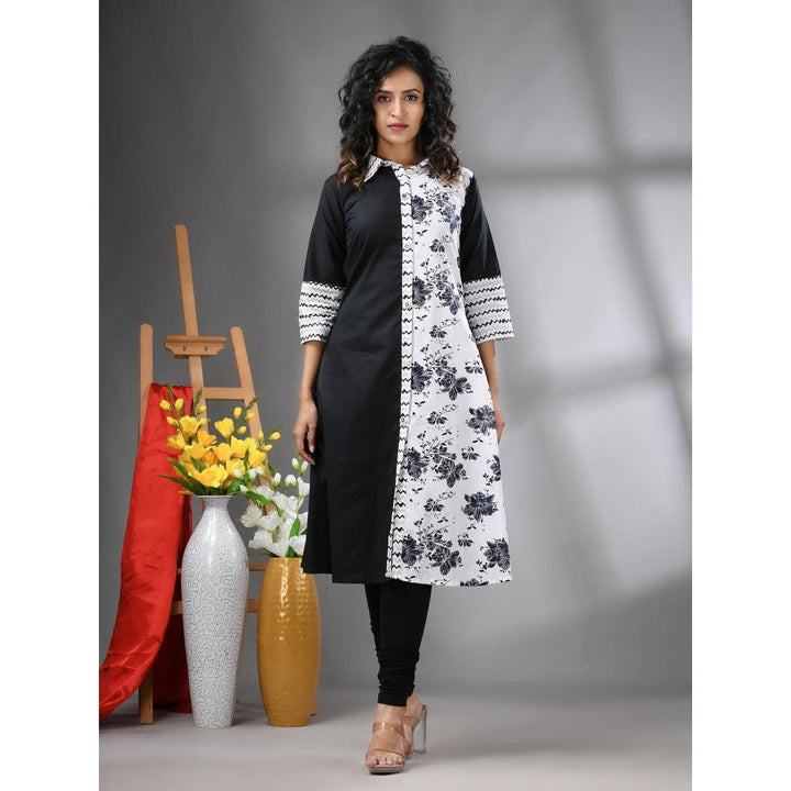 CHARUKRITI Black Floral Printed Cotton A-Line Kurta