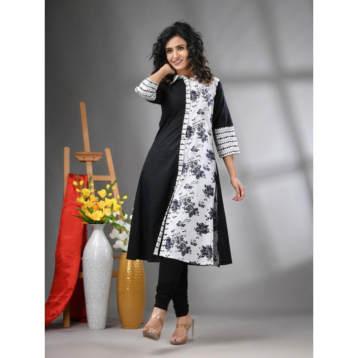 CHARUKRITI Black Floral Printed Cotton A-Line Kurta