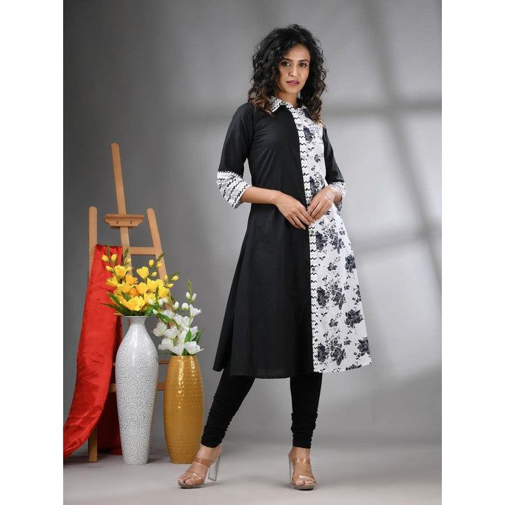 CHARUKRITI Black Floral Printed Cotton A-Line Kurta