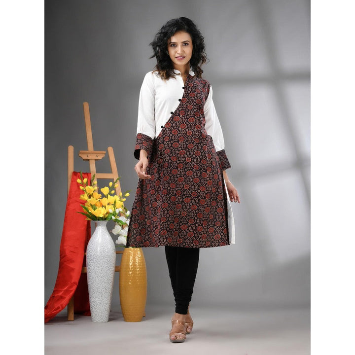 CHARUKRITI White Ajrakh Floral Printed Cotton A-Line Kurta