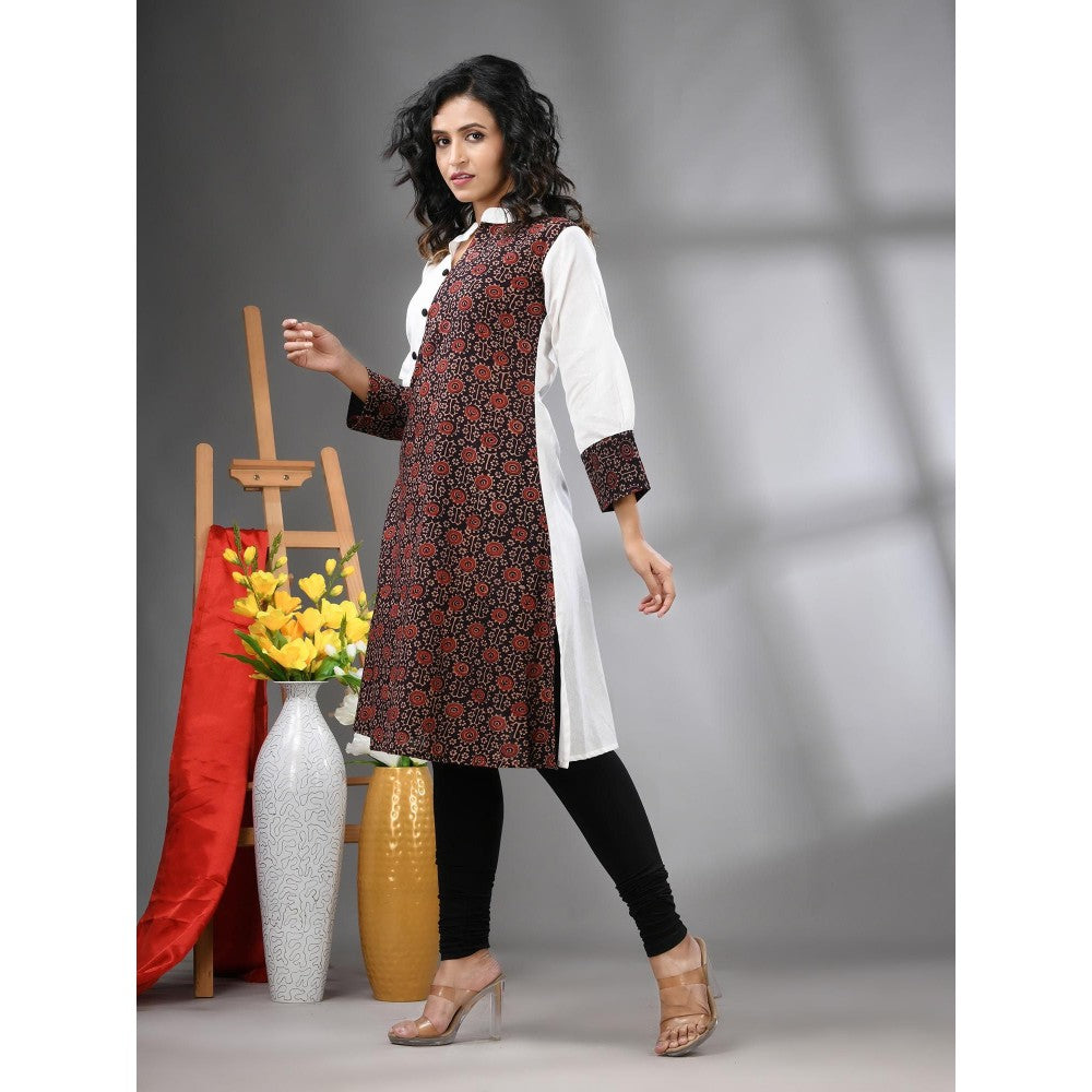 CHARUKRITI White Ajrakh Floral Printed Cotton A-Line Kurta