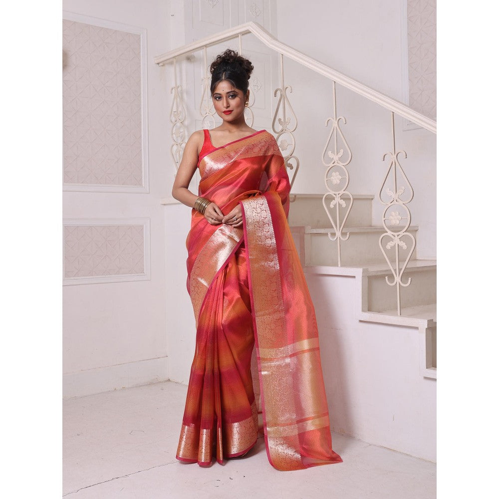 CHARUKRITI Red Dual Tone Tissue Zari Border Saree with Unstitched Blouse