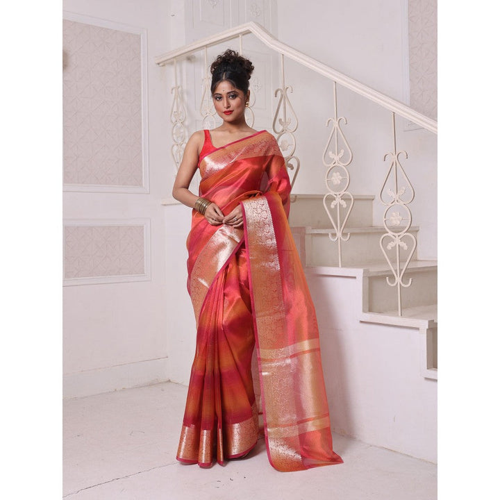 CHARUKRITI Red Dual Tone Tissue Zari Border Saree with Unstitched Blouse