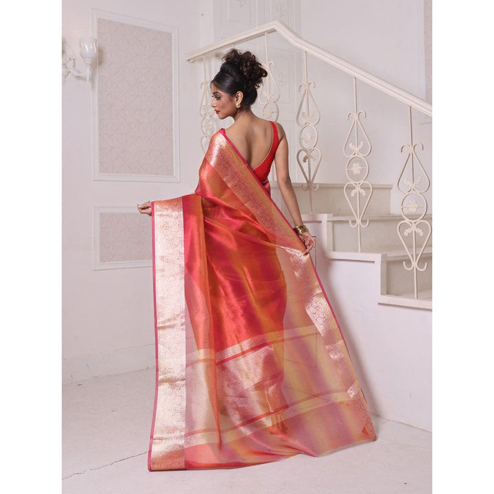 CHARUKRITI Red Dual Tone Tissue Zari Border Saree with Unstitched Blouse