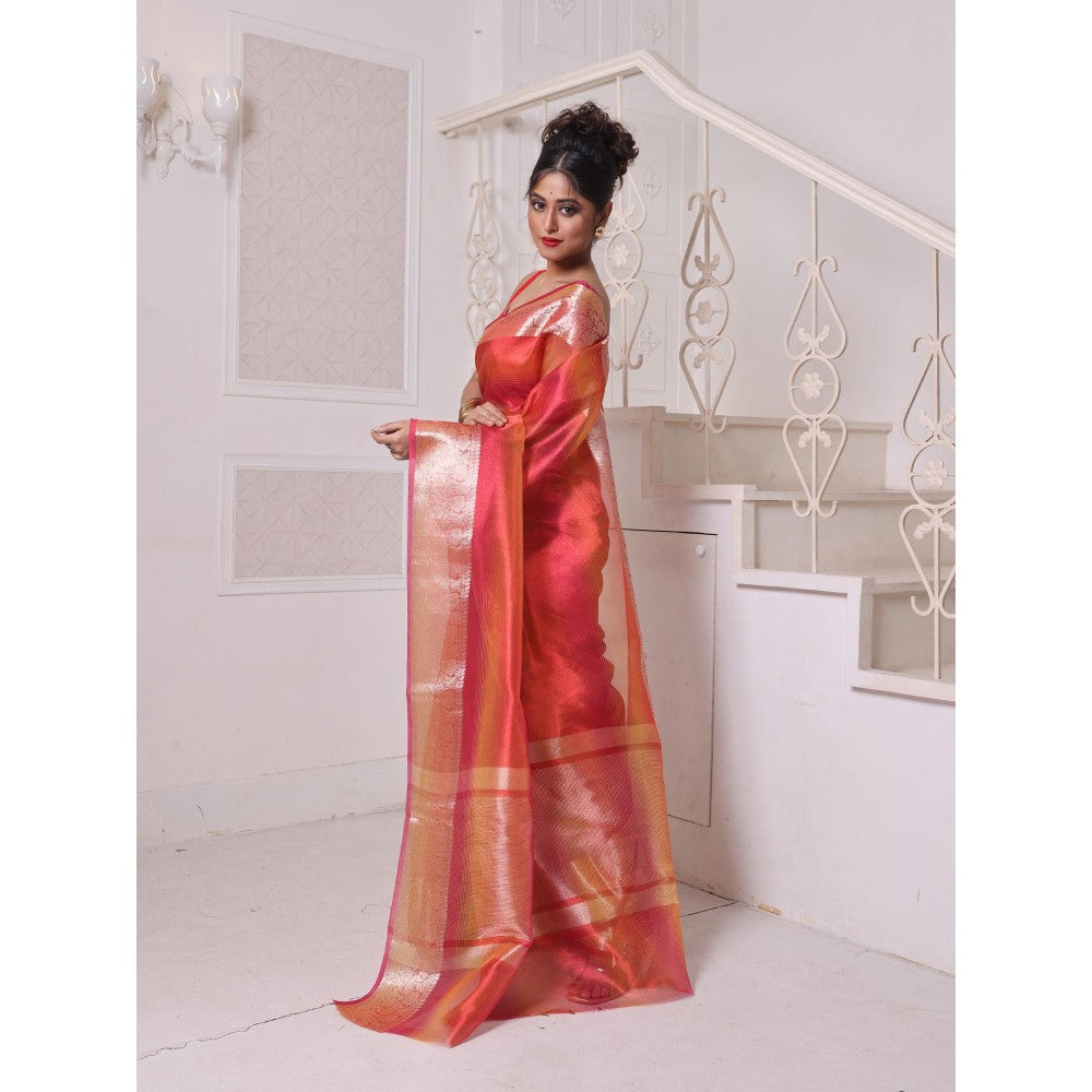 CHARUKRITI Red Dual Tone Tissue Zari Border Saree with Unstitched Blouse