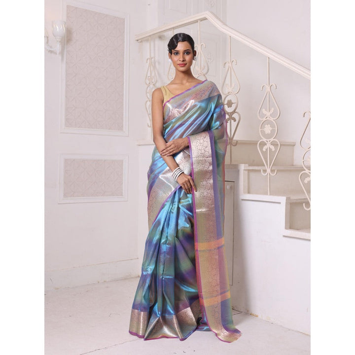 CHARUKRITI Teal Dual Tone Tissue Zari Border Saree with Unstitched Blouse