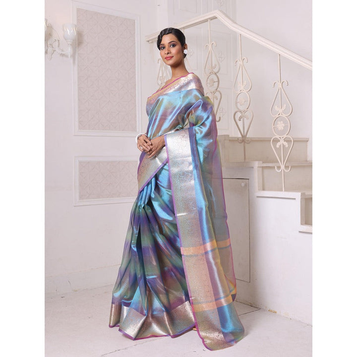 CHARUKRITI Teal Dual Tone Tissue Zari Border Saree with Unstitched Blouse