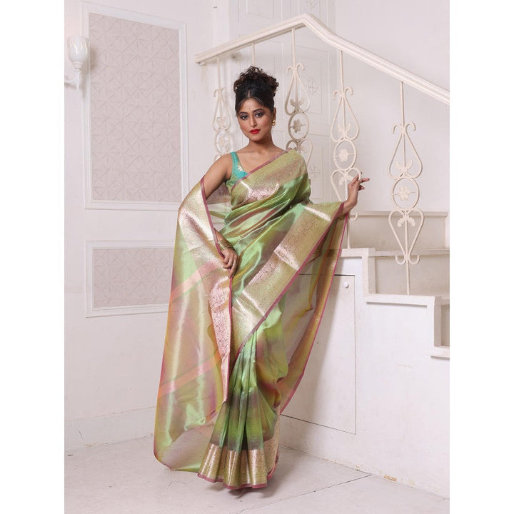 CHARUKRITI Green Dual Tone Tissue Zari Border Saree with Unstitched Blouse