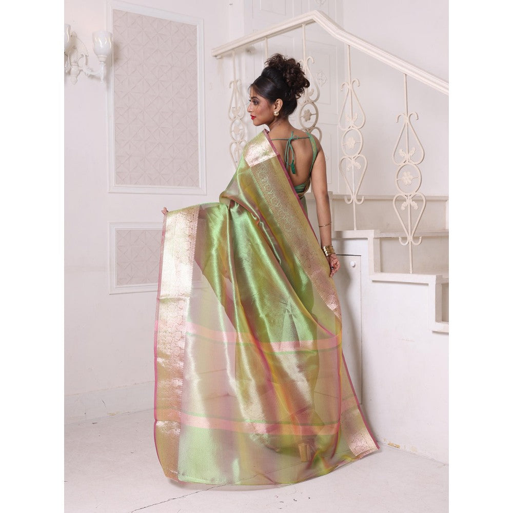 CHARUKRITI Green Dual Tone Tissue Zari Border Saree with Unstitched Blouse