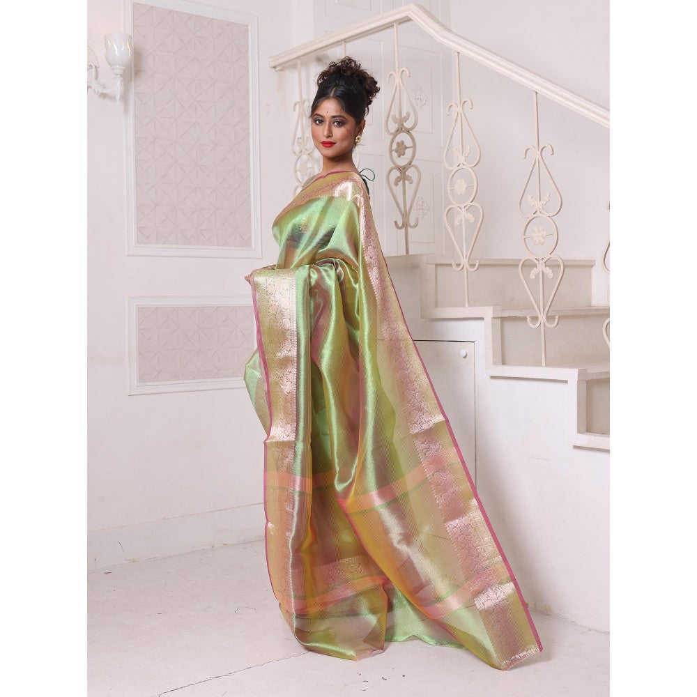 CHARUKRITI Green Dual Tone Tissue Zari Border Saree with Unstitched Blouse