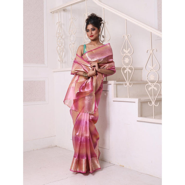 CHARUKRITI Pink Dual Tone Tissue Zari Border Saree with Unstitched Blouse