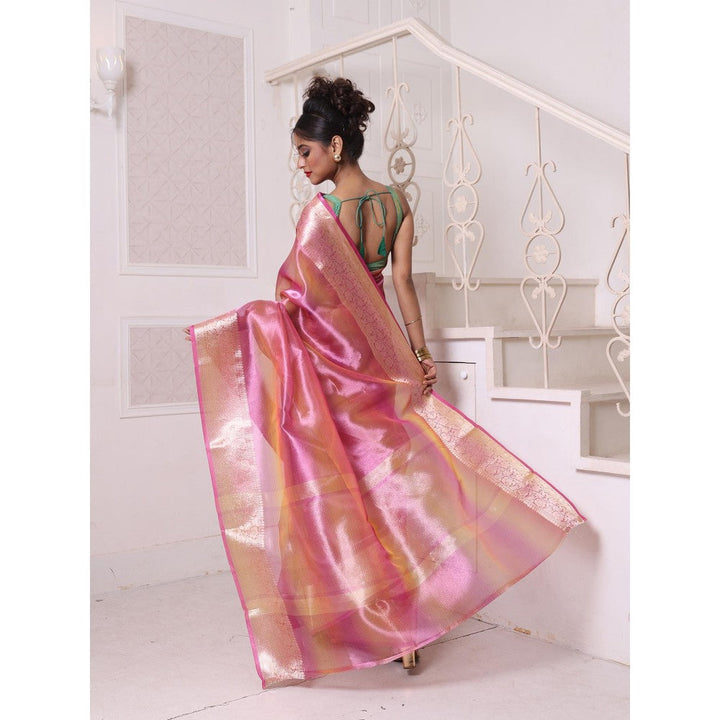 CHARUKRITI Pink Dual Tone Tissue Zari Border Saree with Unstitched Blouse