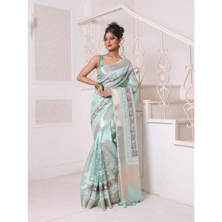 CHARUKRITI Mint Green All Over Thread Embroidery Tissue Zari Border Saree with Unstitched Blouse