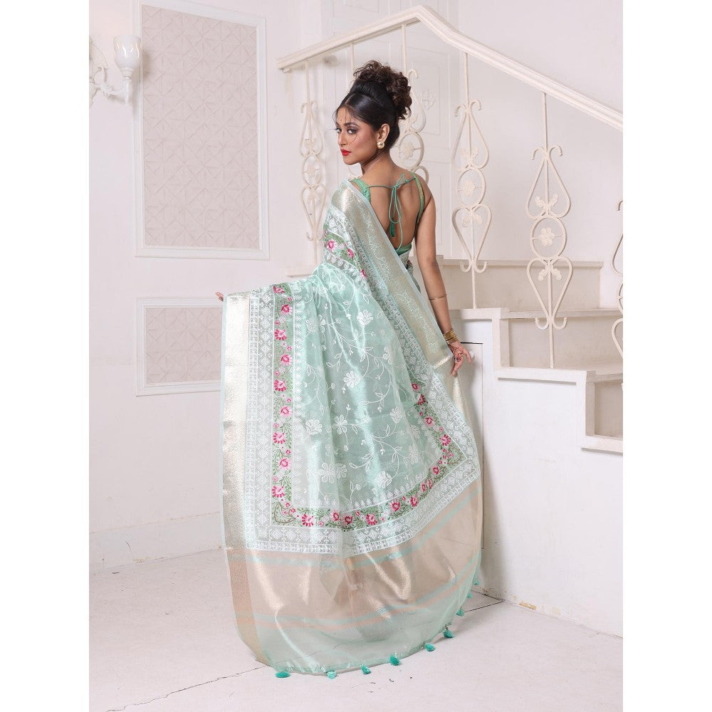 CHARUKRITI Mint Green All Over Thread Embroidery Tissue Zari Border Saree with Unstitched Blouse