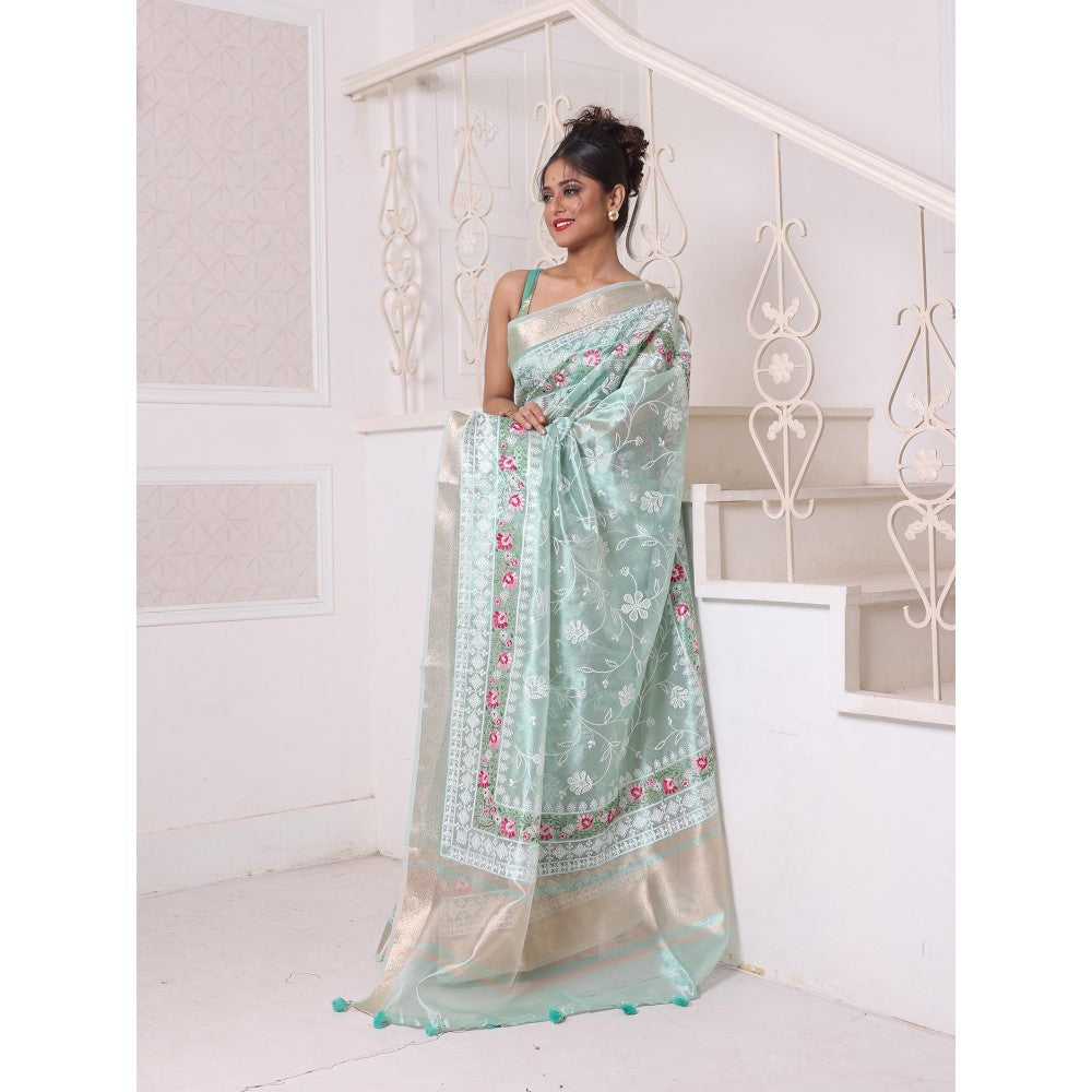 CHARUKRITI Mint Green All Over Thread Embroidery Tissue Zari Border Saree with Unstitched Blouse