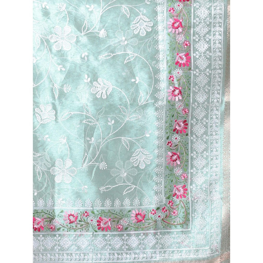 CHARUKRITI Mint Green All Over Thread Embroidery Tissue Zari Border Saree with Unstitched Blouse