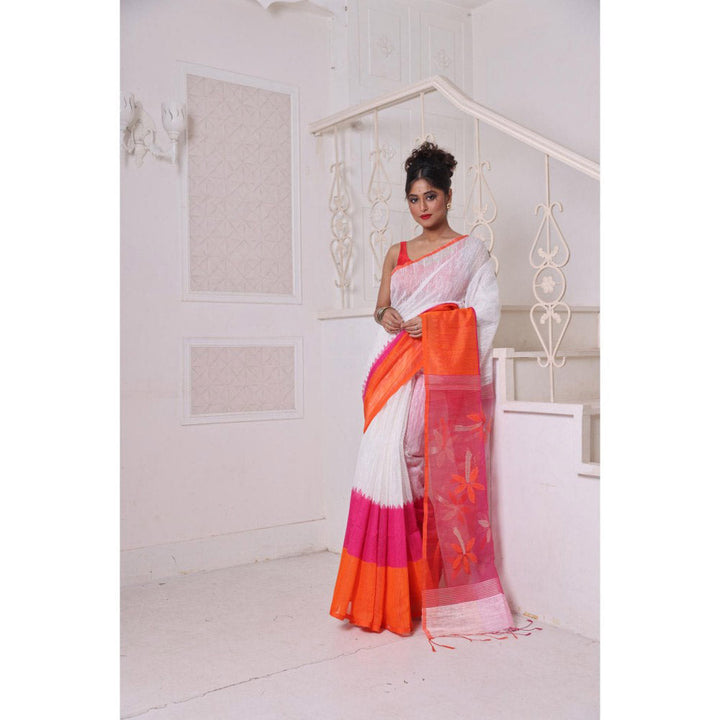 CHARUKRITI Off White and Orange Matka Soft Resham Pallu Saree with Unstitched Blouse