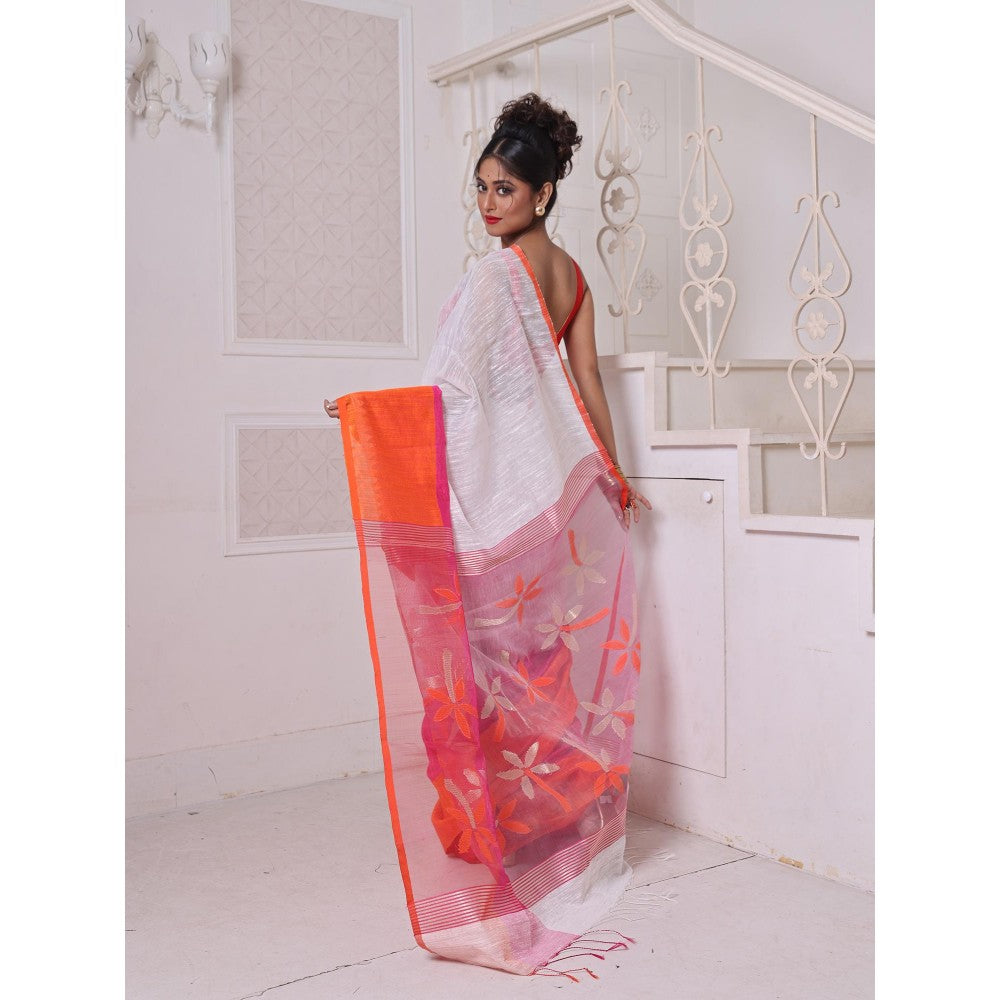 CHARUKRITI Off White and Orange Matka Soft Resham Pallu Saree with Unstitched Blouse