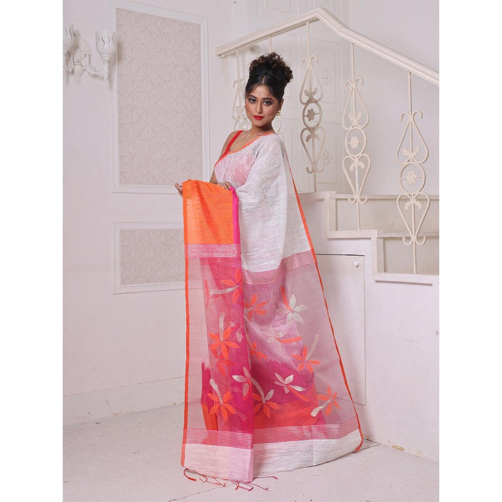 CHARUKRITI Off White and Orange Matka Soft Resham Pallu Saree with Unstitched Blouse