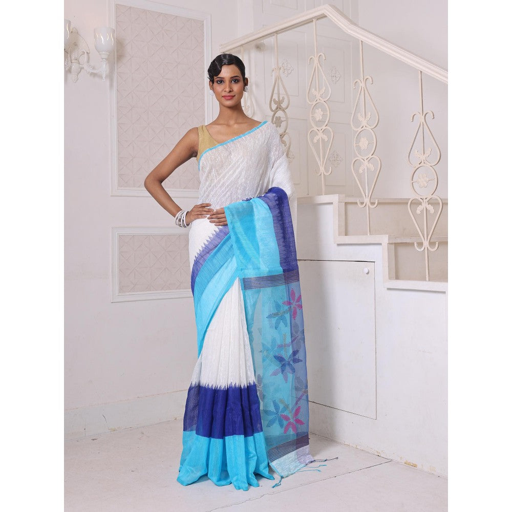 CHARUKRITI Off White and Blue Matka Soft Resham Pallu Saree with Unstitched Blouse