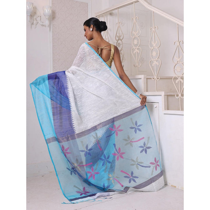 CHARUKRITI Off White and Blue Matka Soft Resham Pallu Saree with Unstitched Blouse