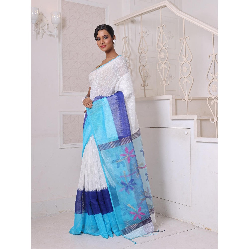 CHARUKRITI Off White and Blue Matka Soft Resham Pallu Saree with Unstitched Blouse