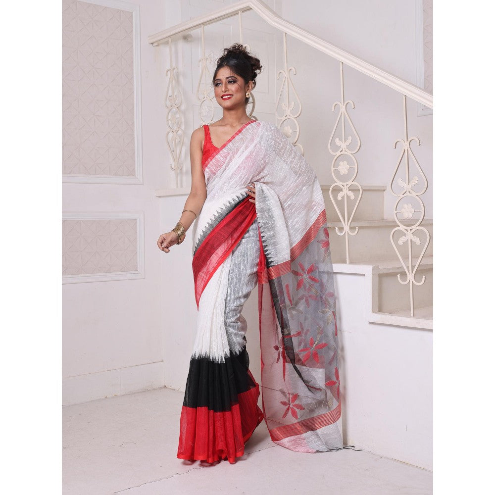 CHARUKRITI Off White and Red Matka Soft Resham Pallu Saree with Unstitched Blouse