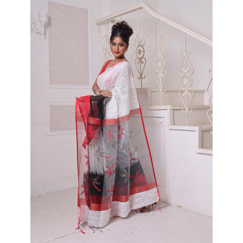 CHARUKRITI Off White and Red Matka Soft Resham Pallu Saree with Unstitched Blouse